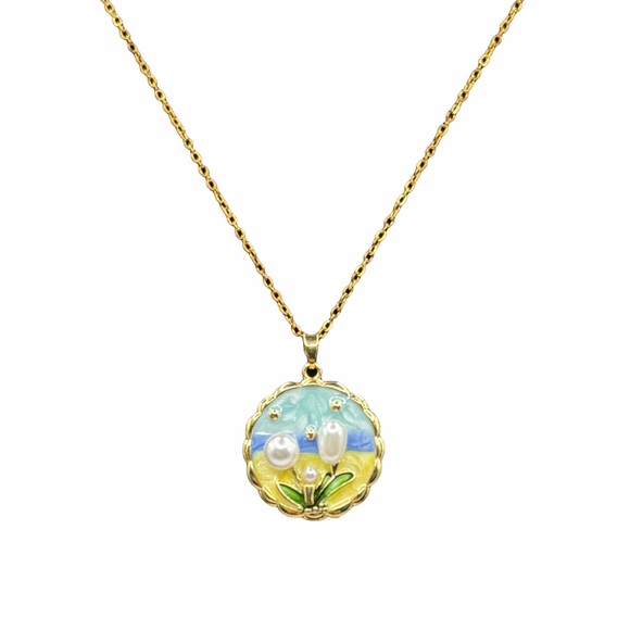 Jewelry - Pastel Enamel Flower Pendant w/ Faux Pearl Accents on Stainless Gold Tone Chain